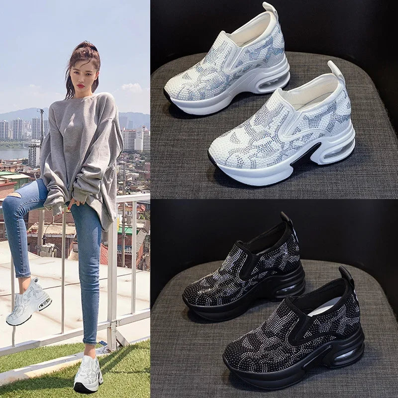 2023Women's Shoes  Autumn New Casual Small White Shoes Rhinestone Platform Sports Air Cushion Shoes Plus Size Zapatos De Mujer