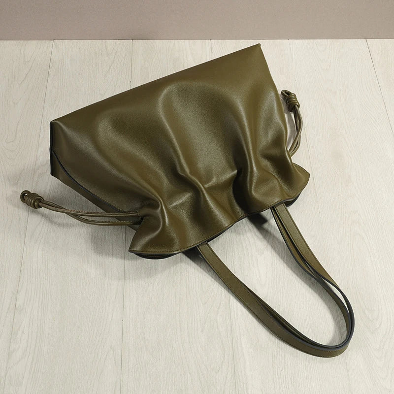Women’s Cowhide Leather Lucky Bag – Pleated Drawstring Tote