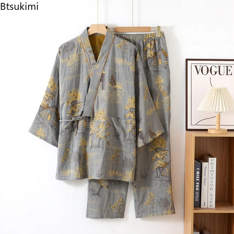 Men’s Cotton Kimono Pajama Robe – Jacquard Print Loungewear