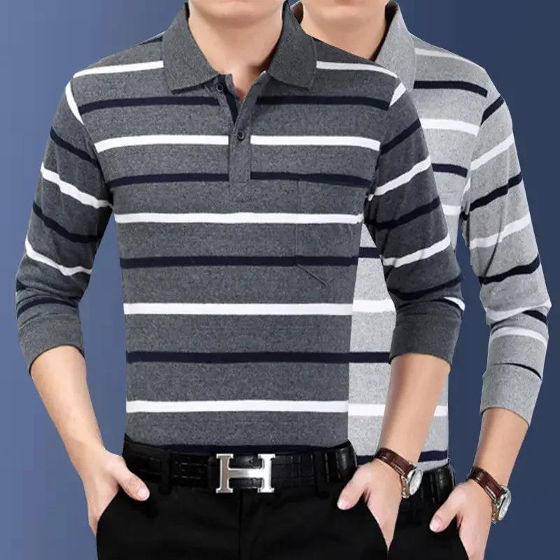 Men’s Striped Polo Shirt – Long Sleeve Cotton Casual