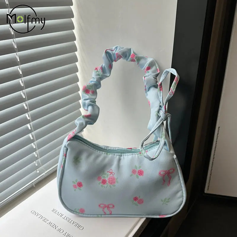 Women's Underarm Bag Summer Canvas Pleated Handlebags Armpit Purse FloralBow Printed Zipper Tote Handbag Female Y2k Shoulder Bag