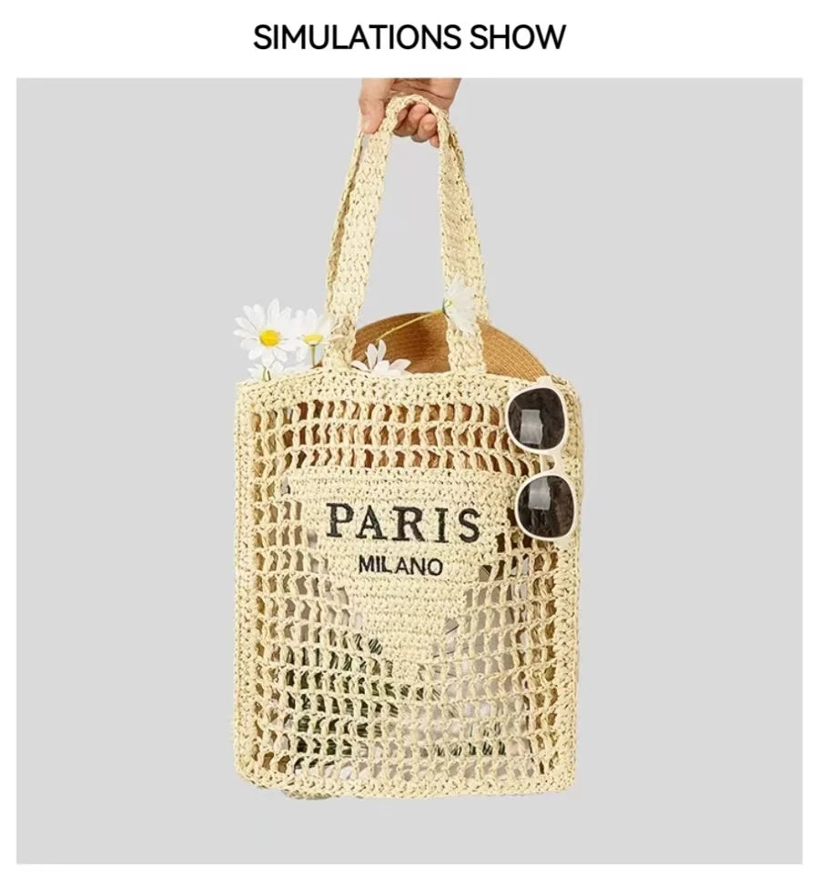 Women's Summer Beach Straw Style Tote Bag Handwoven Large Capacity Luxury Designer Travel Handbags Casual Portable Shoulder Bags