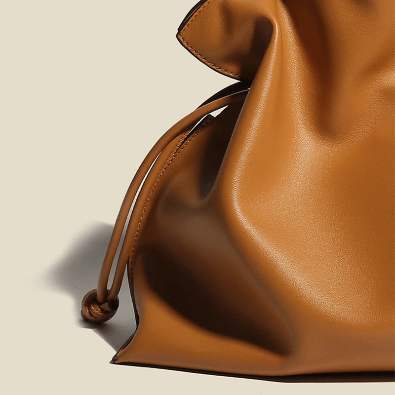 Women’s Cowhide Leather Lucky Bag – Pleated Drawstring Tote