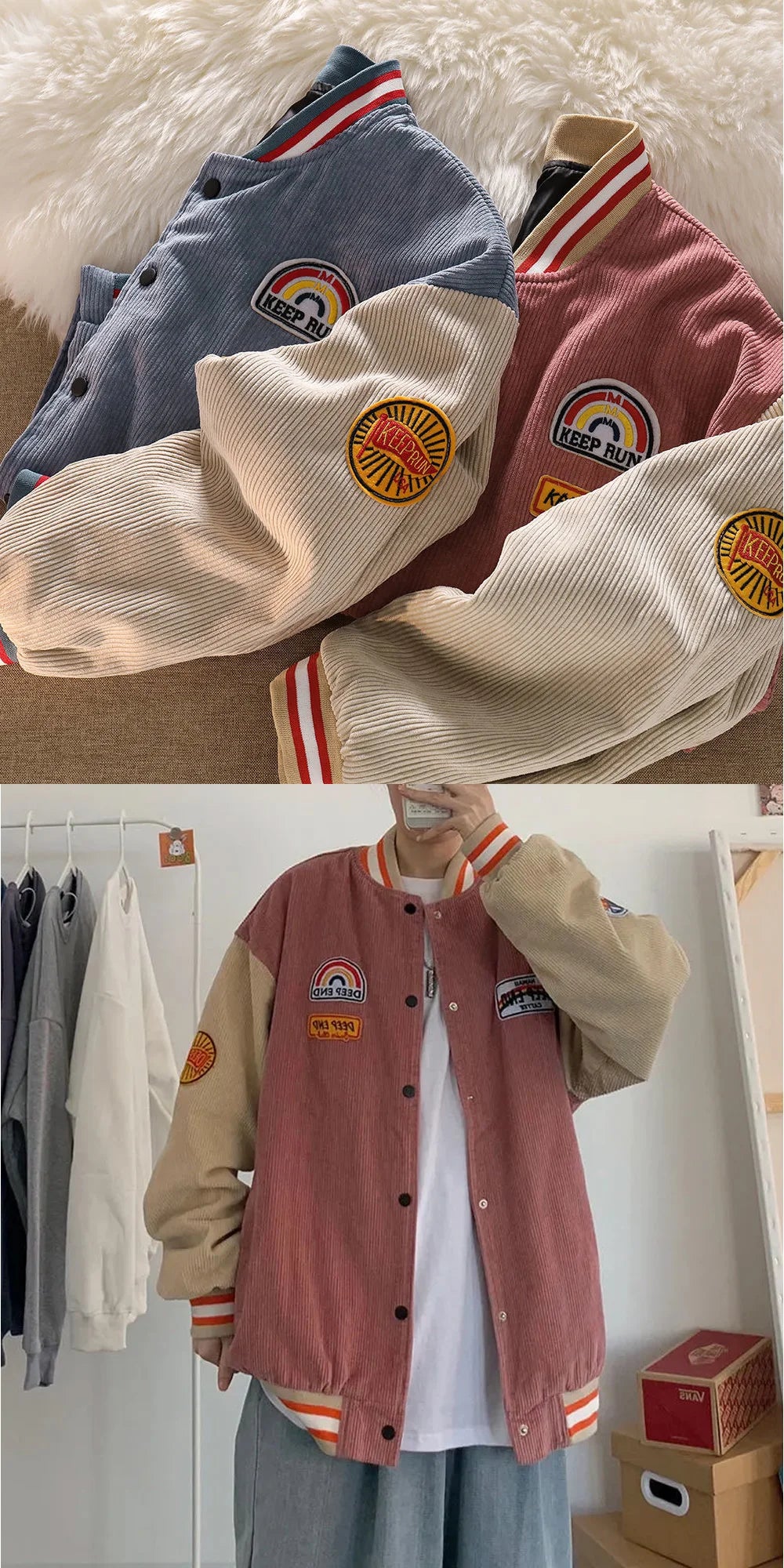 Men’s Corduroy Baseball Jacket Retro Embroidered Coat