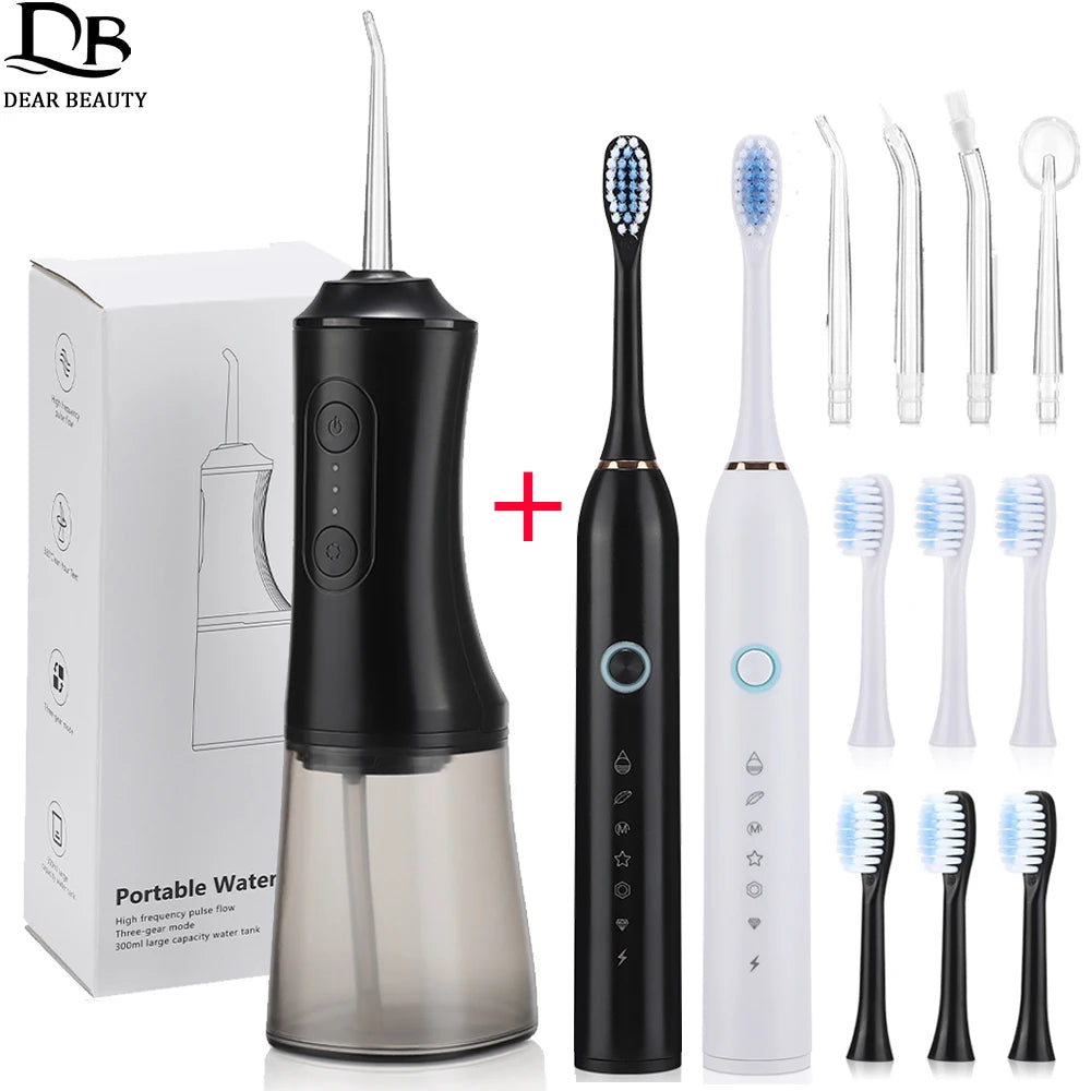 Portable Oral Irrigator Water Flosser + Electric Toothbrush Rechargeable Dental Water Jet Teeth Cleaning Whitening Oral Care Set