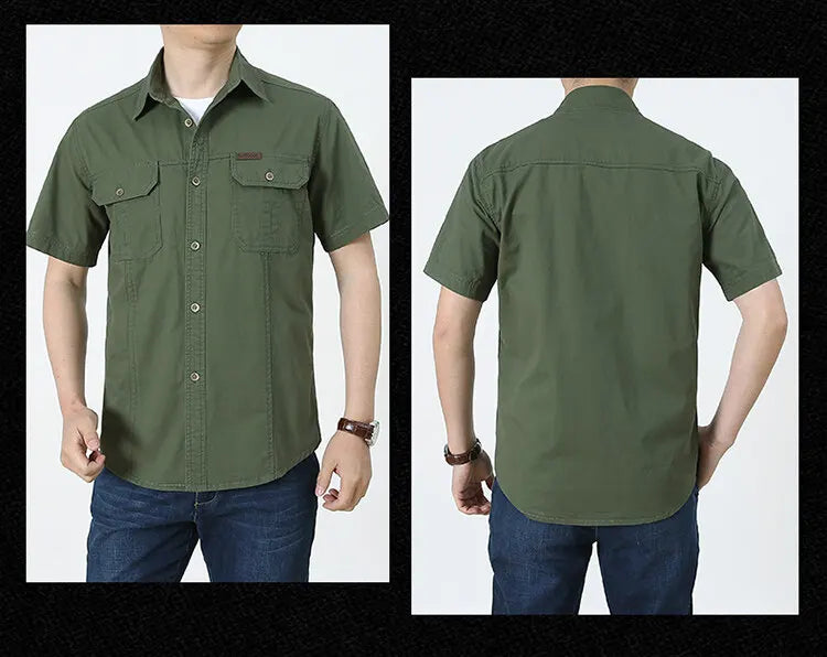 Men Cargo Shirt Short Sleeve Casual Cotton Work Shirt