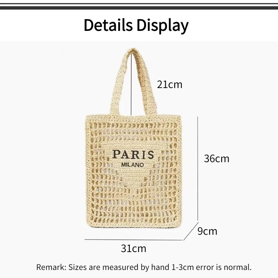 Women's Summer Beach Straw Style Tote Bag Handwoven Large Capacity Luxury Designer Travel Handbags Casual Portable Shoulder Bags