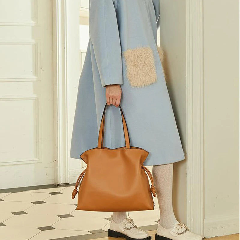 Women’s Cowhide Leather Lucky Bag – Pleated Drawstring Tote