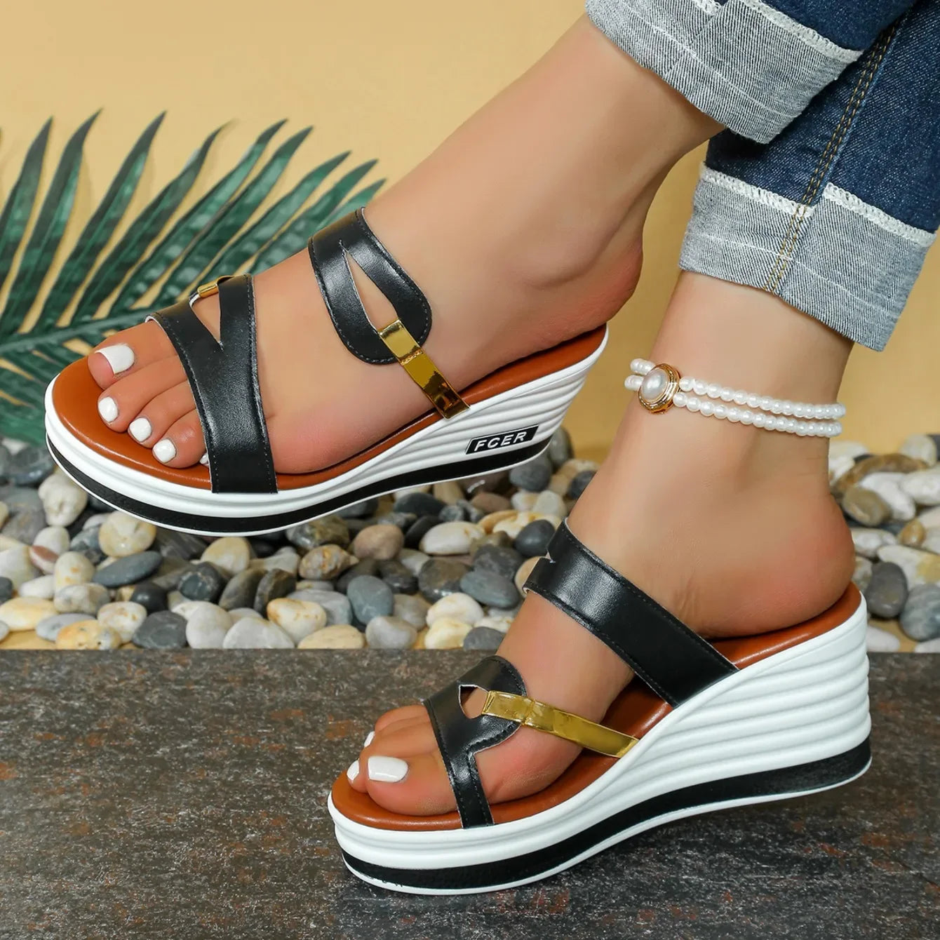 Women's Peep Toe Wedge Sandals – Summer Slip-On Shoes