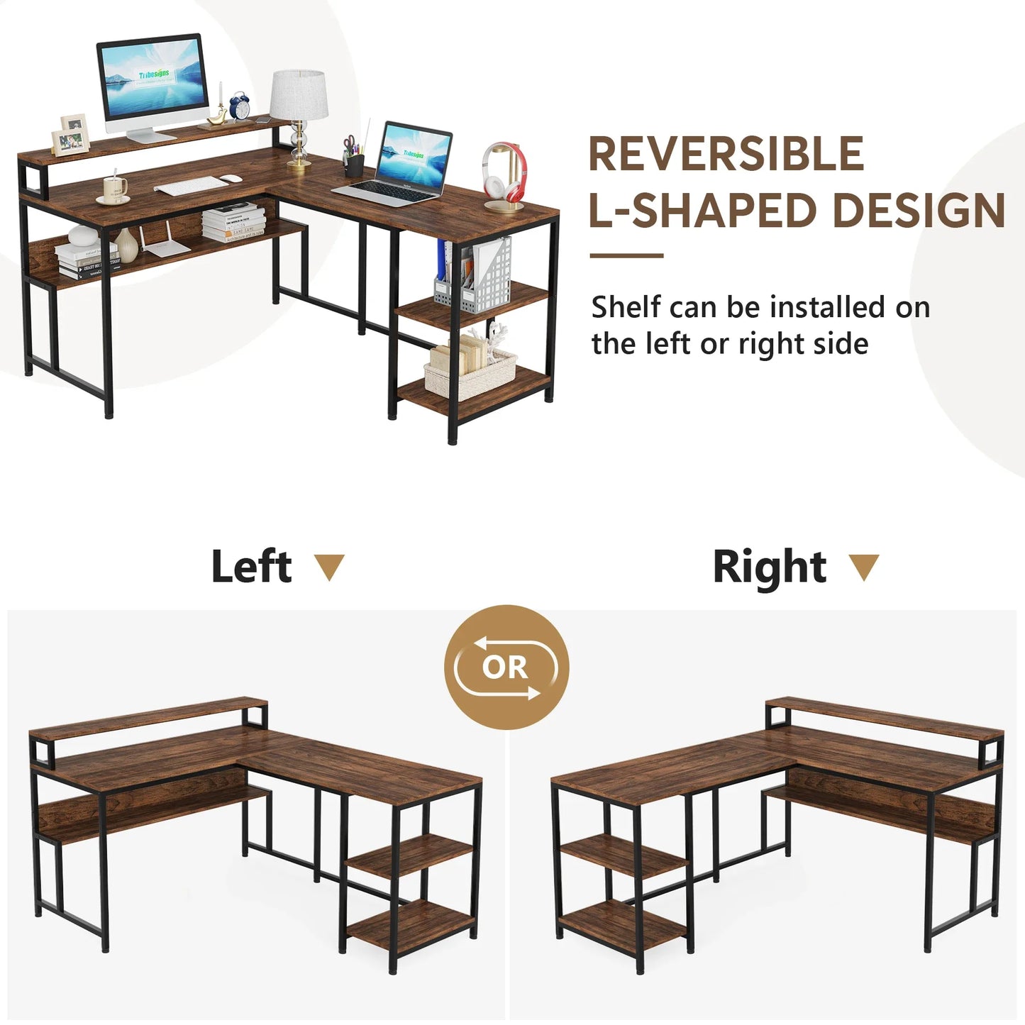 Tribesigns 59 Inch L Shaped Desk with Monitor Stand, Reversible Corner Computer Desk with Storage Shelves Rustic Brown