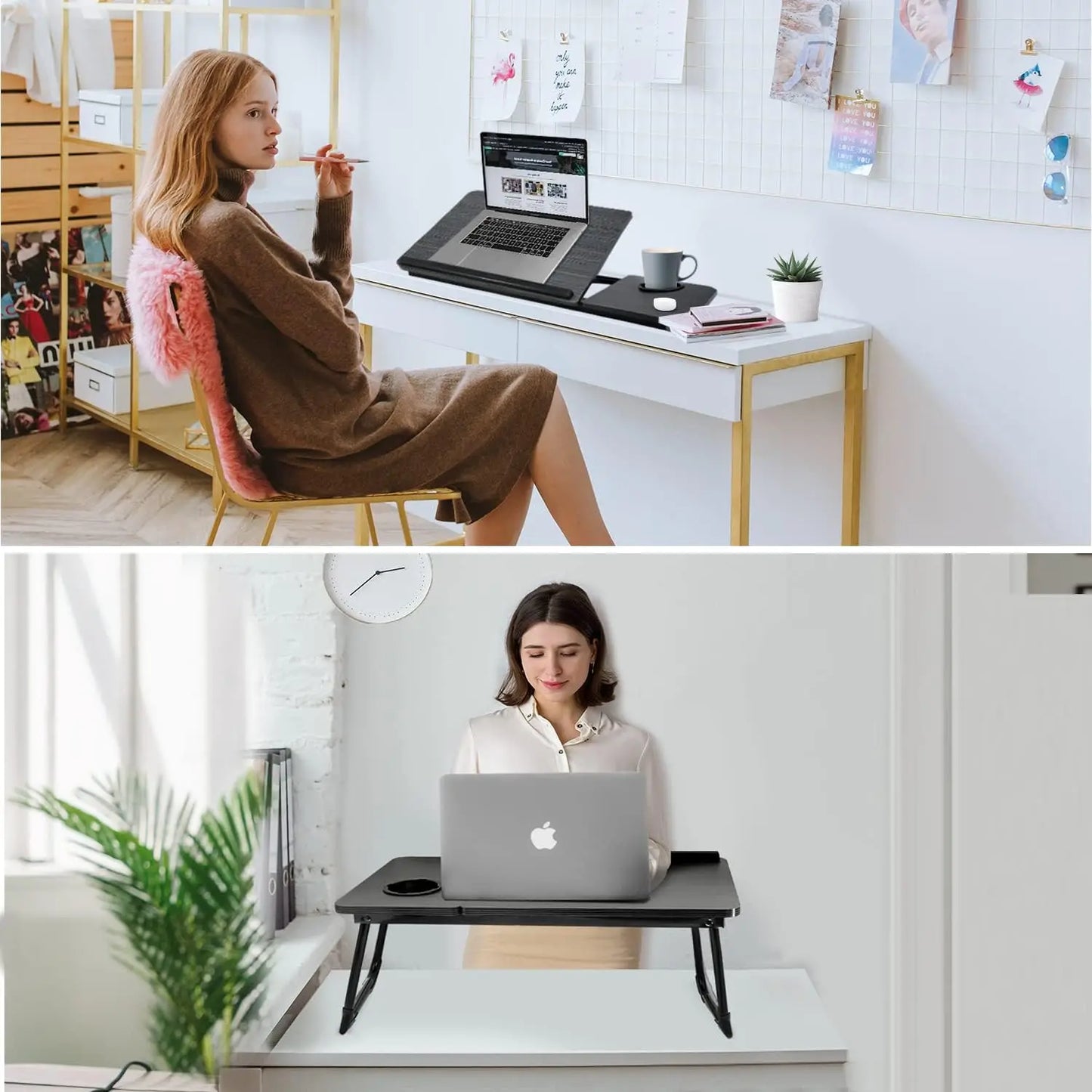 Work/Study in Bed Comfortably  Adjustable & Foldable Lap Desk with Cup Holder, Ventilated Design Prevents Overheating.