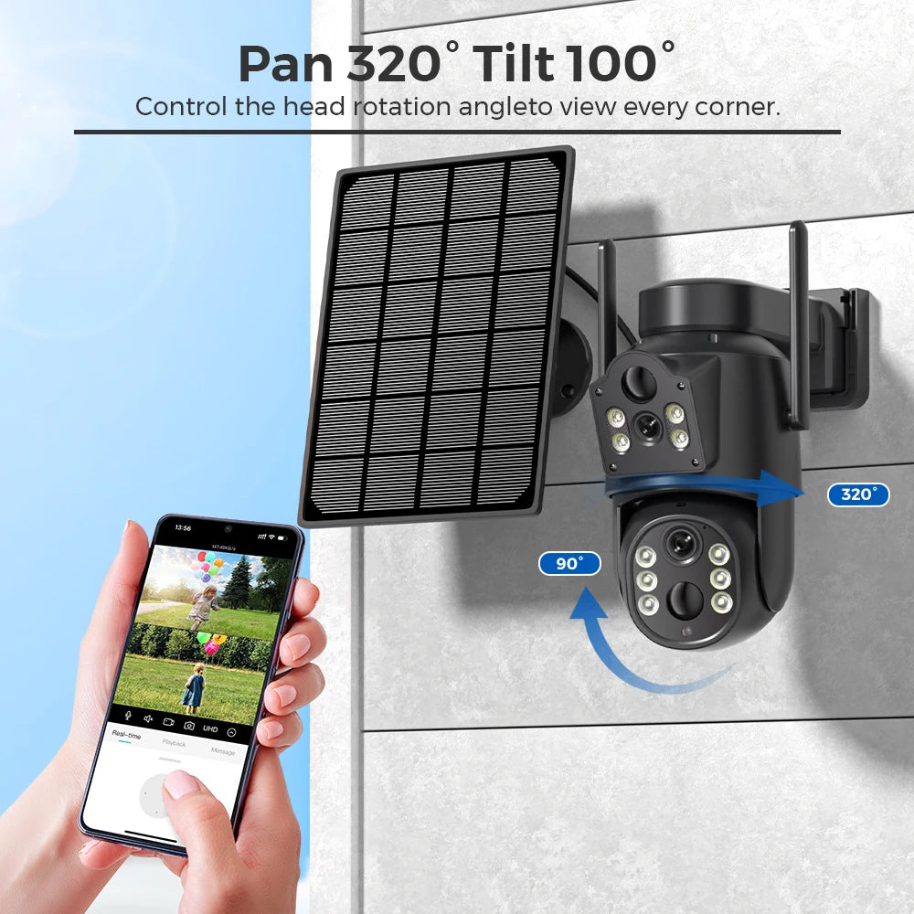 4K 8MP Solar Security Camera – Dual Lens WiFi PIR IP Camera