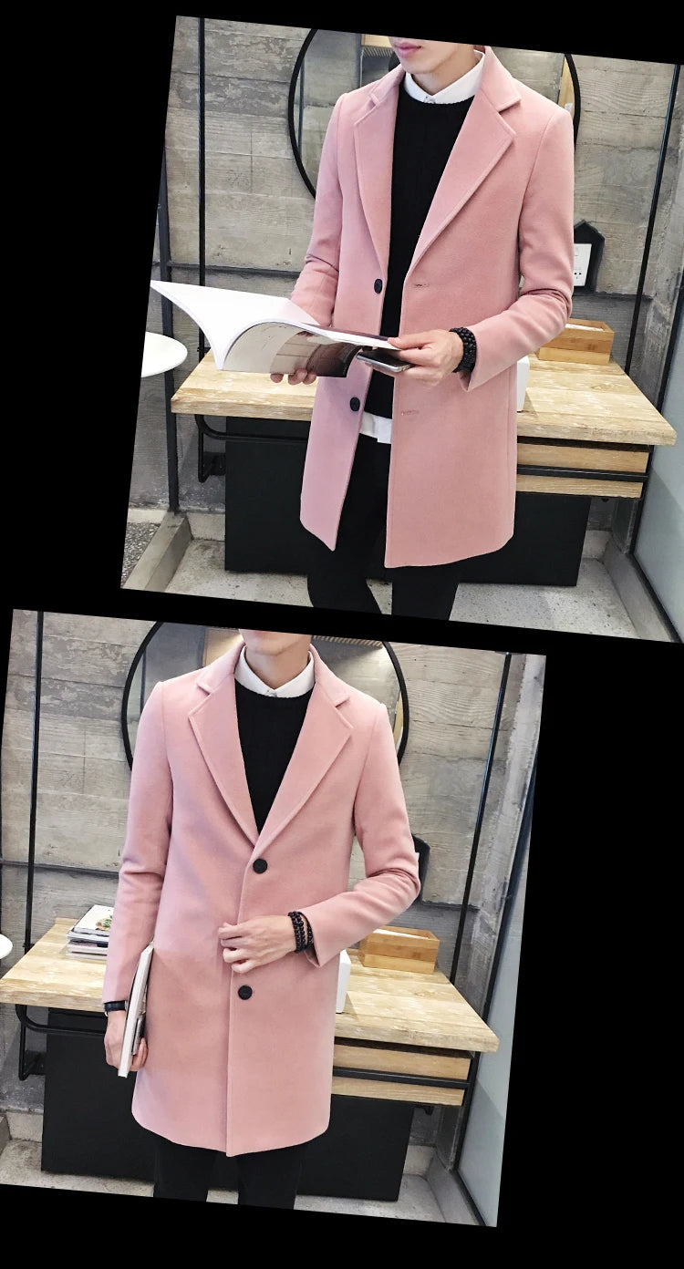 Men’s Woolen Long Coat – Slim Fit Korean Vintage Overcoat