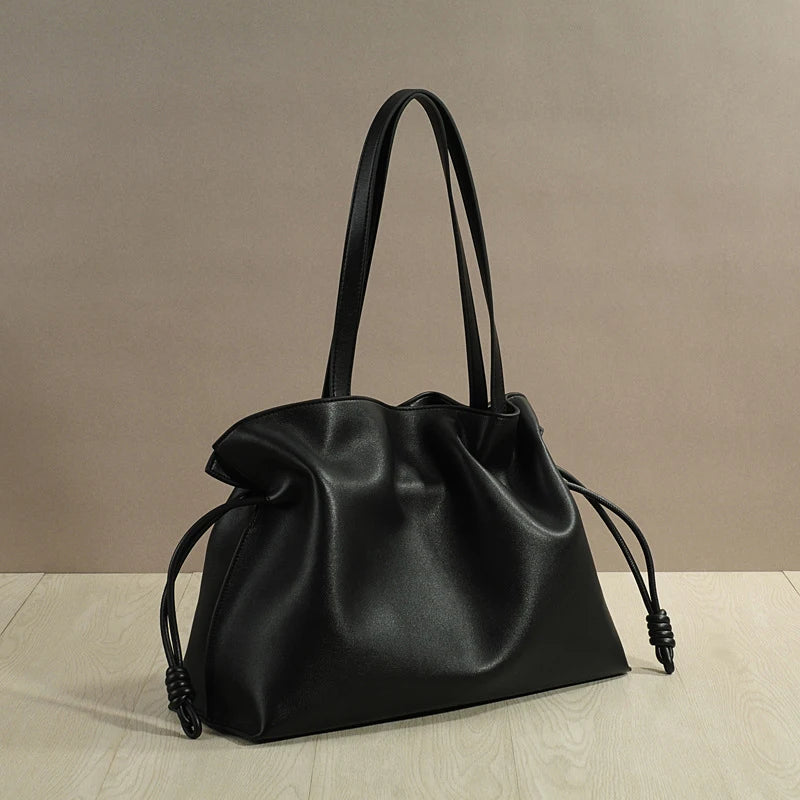 Women’s Cowhide Leather Lucky Bag – Pleated Drawstring Tote