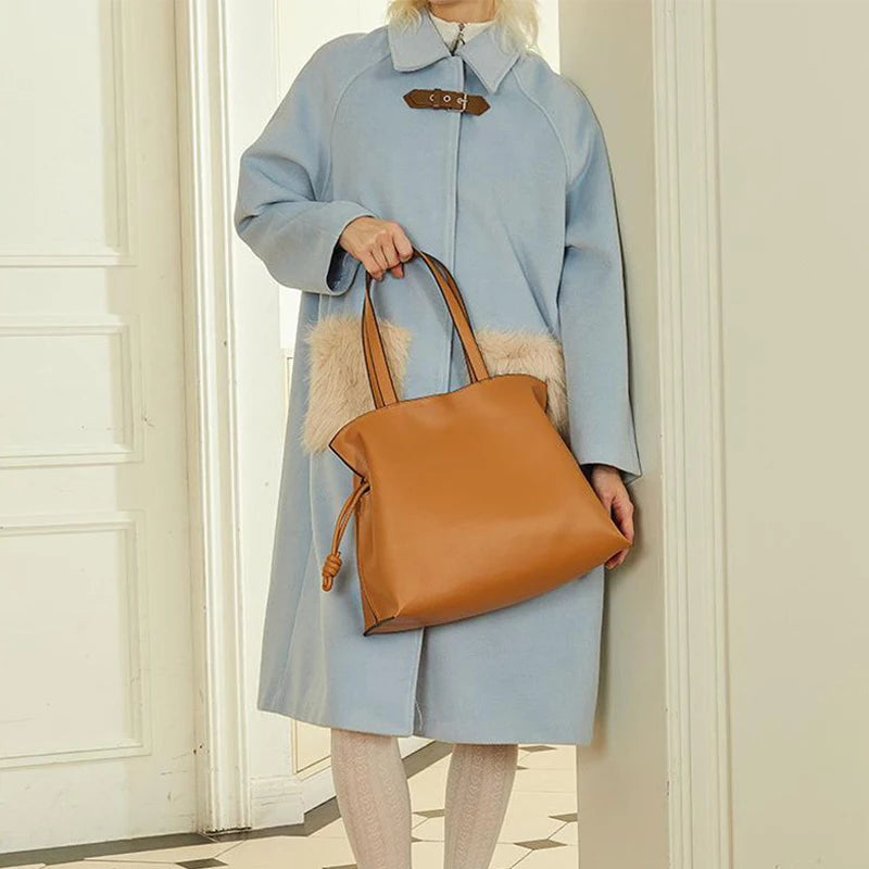 Women’s Cowhide Leather Lucky Bag – Pleated Drawstring Tote