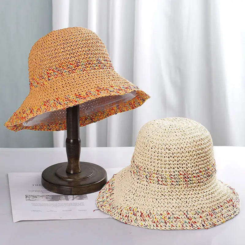 Rainbow woven women's sunscreen hat summer Japanese straw hat  protective fashion, breathable hollow beach sun hat