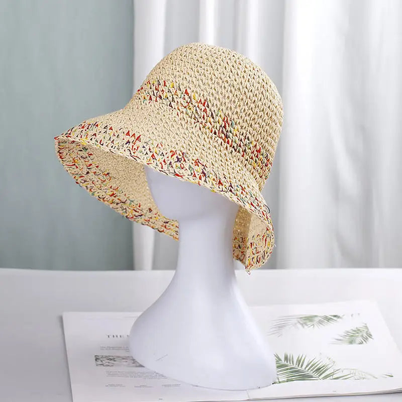 Rainbow woven women's sunscreen hat summer Japanese straw hat  protective fashion, breathable hollow beach sun hat