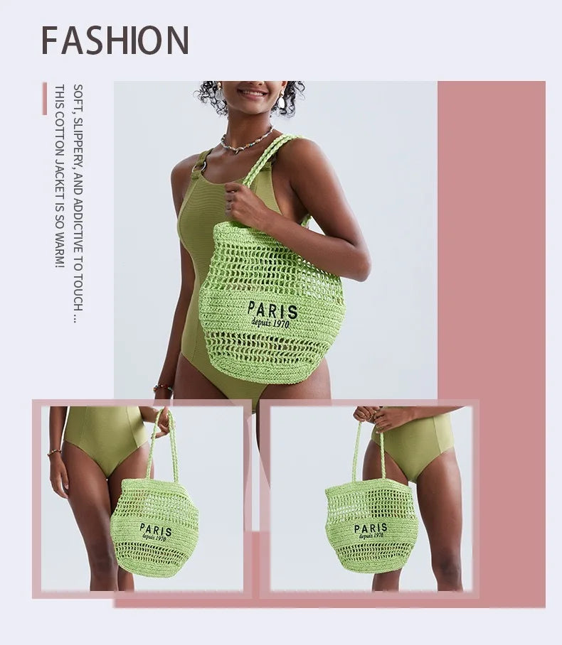 Women's Summer Beach Straw Style Tote Bag Handwoven Large Capacity Luxury Designer Travel Handbags Casual Portable Shoulder Bags