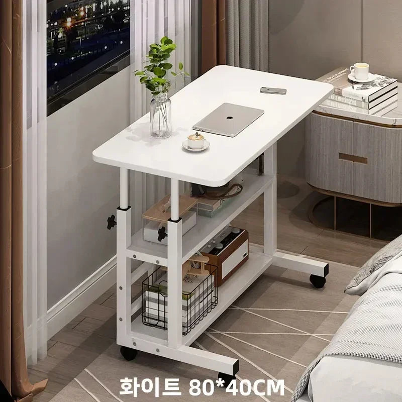 Simple Double-Layer Small Office Desk Floor Standing Simplicity Bedside Desk Adjustable Height Side Mobile Laptop Computer Table