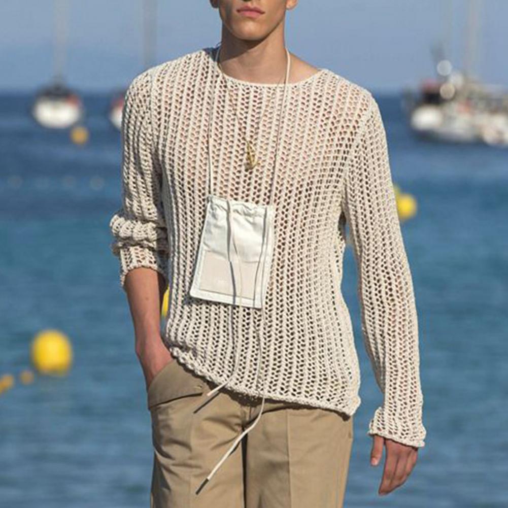 Wear Men Mesh T-shirts Bottoming Shirt Knitted Mesh Top Clothing Autumn Men Knitted Mesh Top Long Sleeve Tees Club Streetwear