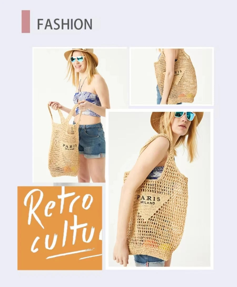 Women's Summer Beach Straw Style Tote Bag Handwoven Large Capacity Luxury Designer Travel Handbags Casual Portable Shoulder Bags