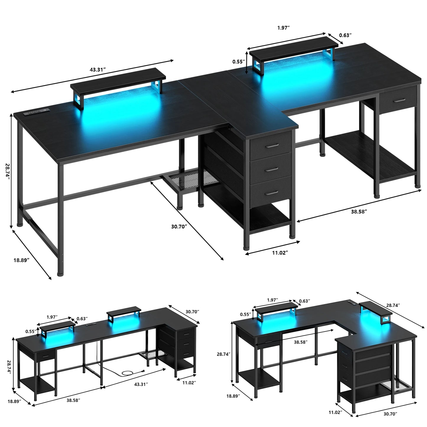 Satifur 93 inch 2-person Office Desk with Power Sockets and LED Lights,61in Computer Desk,Home Work Desk,Monitor Stands, Drawers