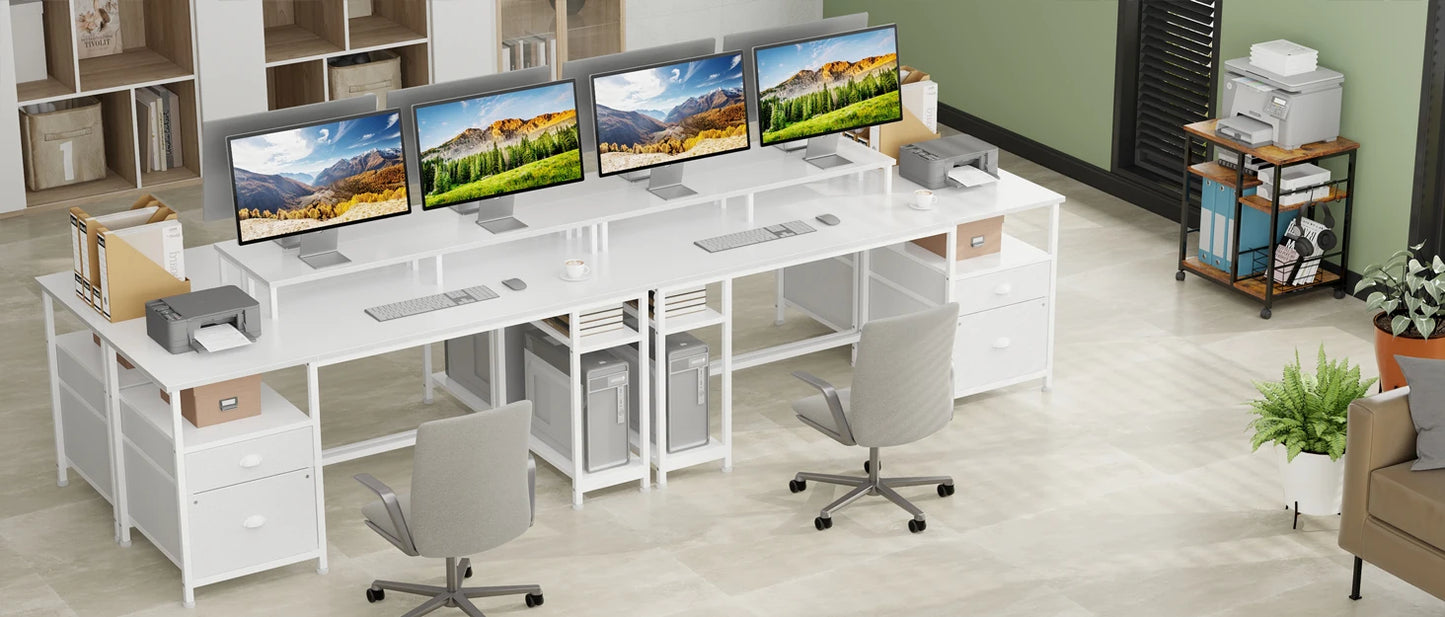 Satifur 93 inch 2-person Office Desk with Power Sockets and LED Lights,61in Computer Desk,Home Work Desk,Monitor Stands, Drawers