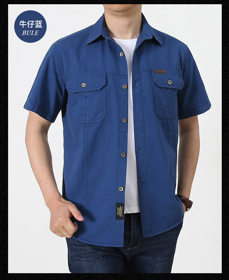 Men Cargo Shirt Short Sleeve Casual Cotton Work Shirt