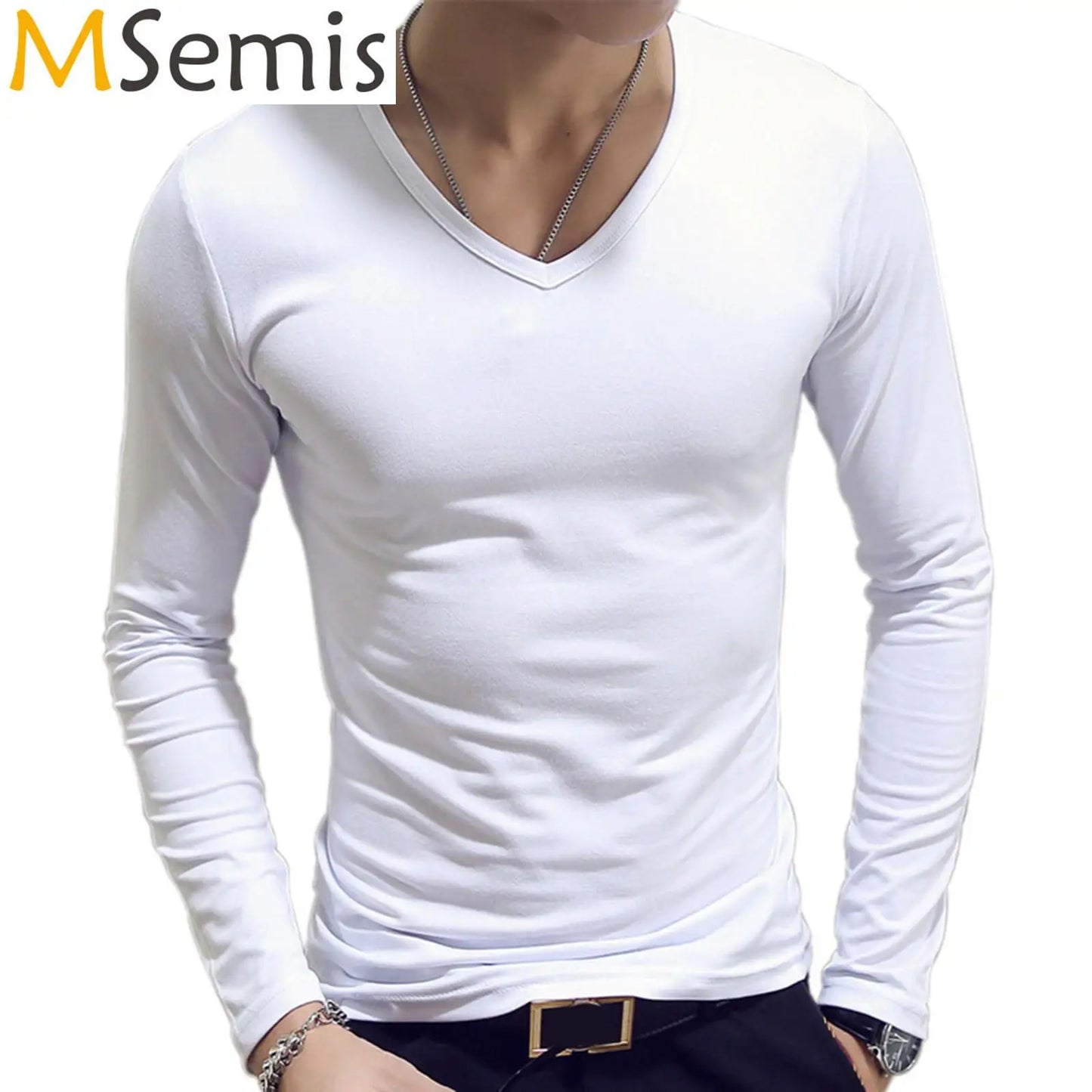 Men’s Slim Fit V-Neck Long Sleeve T-Shirt – Casual Solid Tee