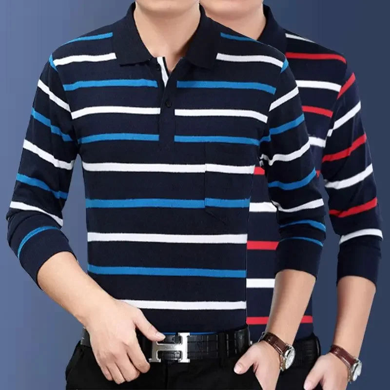 Men’s Striped Polo Shirt – Long Sleeve Cotton Casual