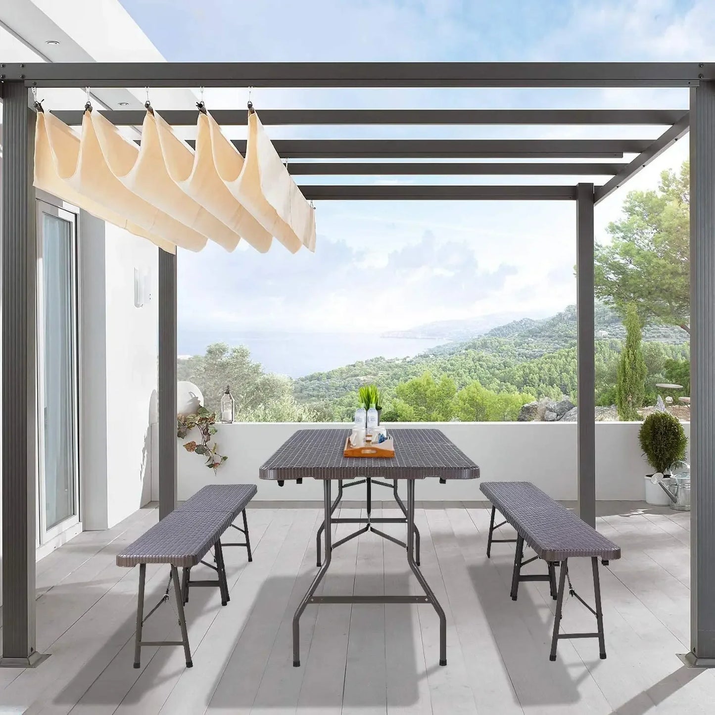 Camping Table Foldable 1 and 2 Benches, HDPE Plastic Panel, Waterproof, with Steel Frame, Patio Outdoor Furniture Set