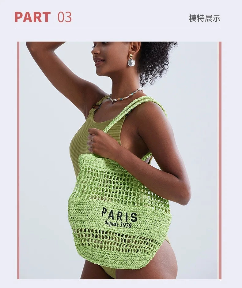 Women's Summer Beach Straw Style Tote Bag Handwoven Large Capacity Luxury Designer Travel Handbags Casual Portable Shoulder Bags