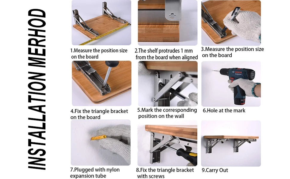 2pc Folding Shelf Brackets Heavy Duty Stainless Steel DIY Wall Mounted Collapsible Furniture Space Saving for Garage Workstation