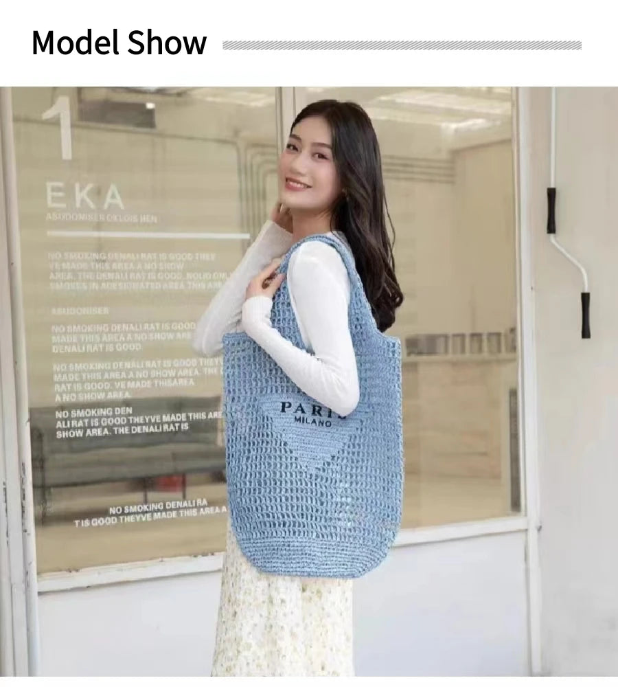 Women's Summer Beach Straw Style Tote Bag Handwoven Large Capacity Luxury Designer Travel Handbags Casual Portable Shoulder Bags