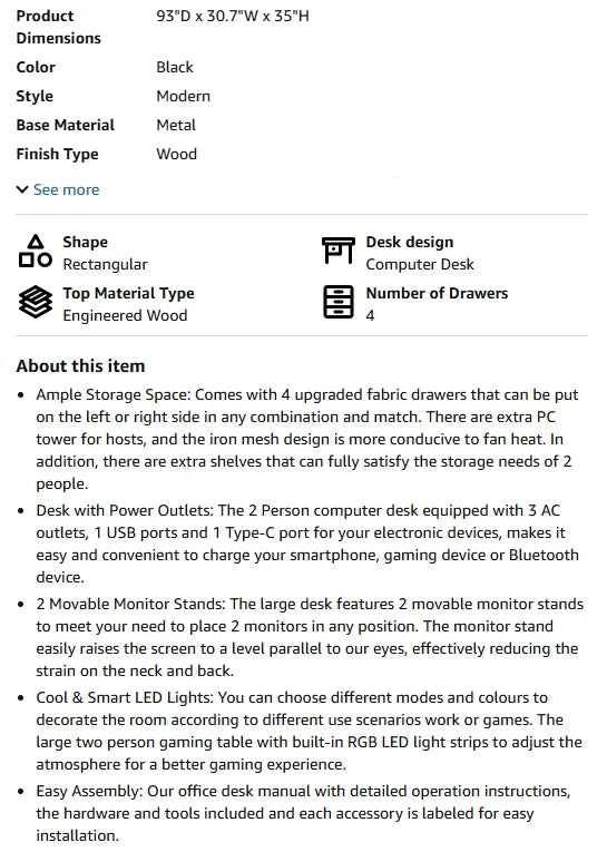 Satifur 93 inch 2-person Office Desk with Power Sockets and LED Lights,61in Computer Desk,Home Work Desk,Monitor Stands, Drawers