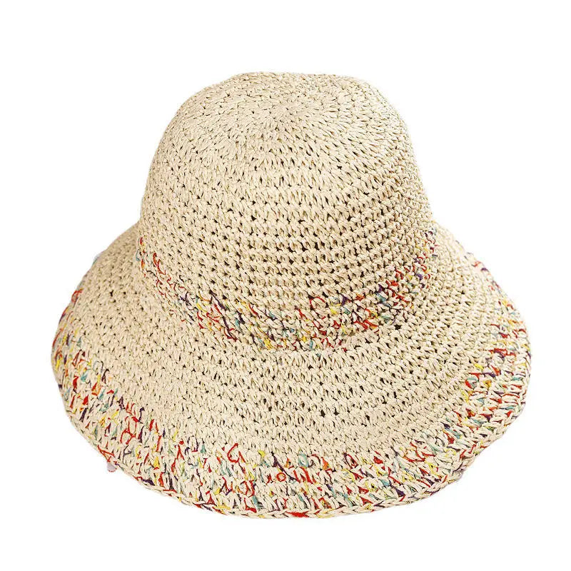 Rainbow woven women's sunscreen hat summer Japanese straw hat  protective fashion, breathable hollow beach sun hat