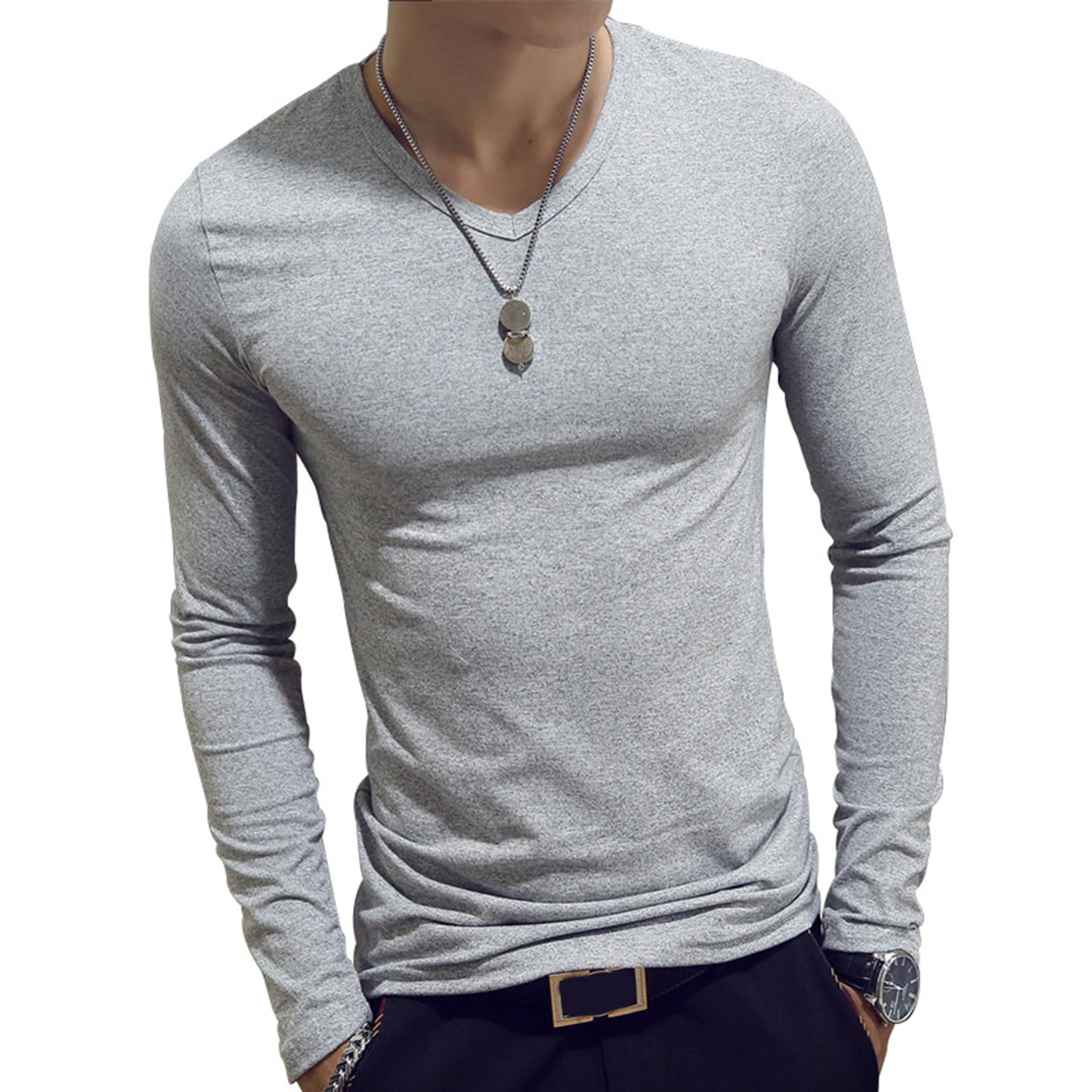 Men’s Slim Fit V-Neck Long Sleeve T-Shirt – Casual Solid Tee
