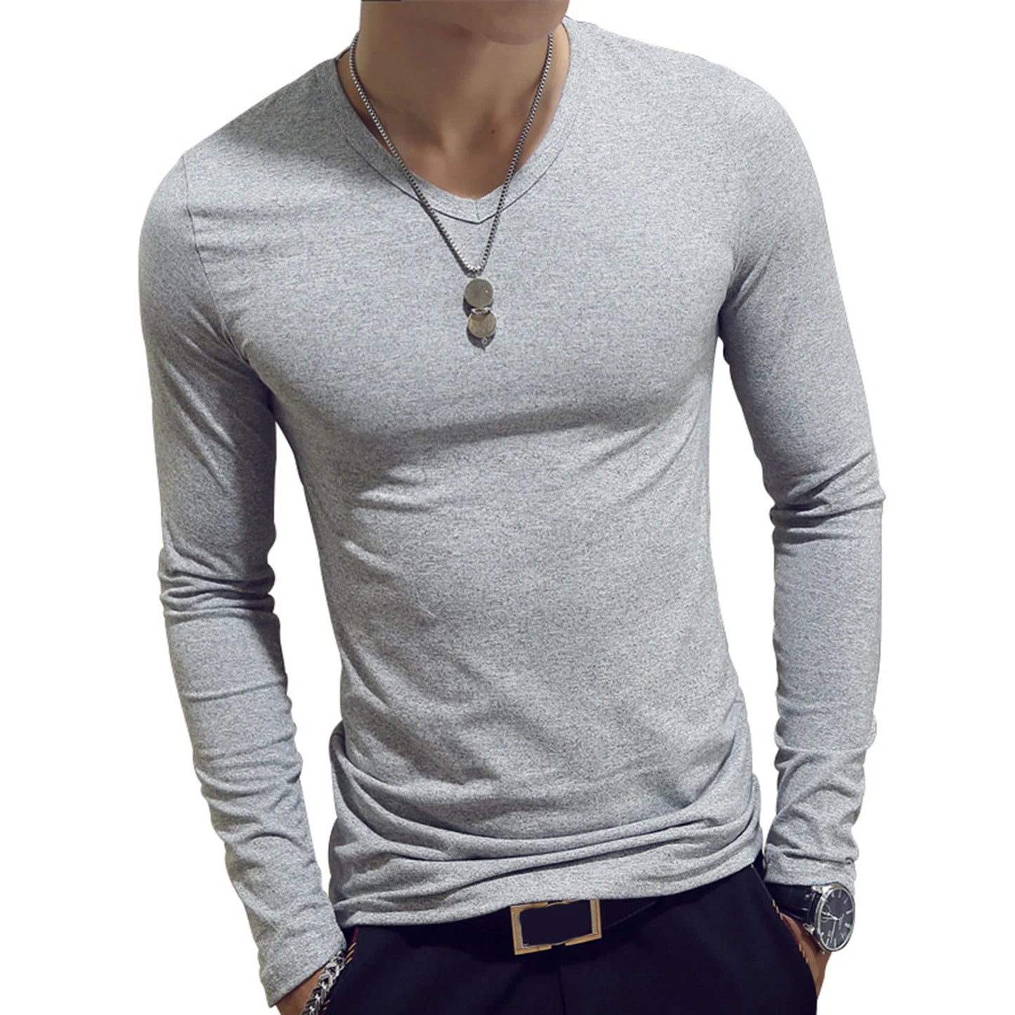 Men’s Slim Fit V-Neck Long Sleeve T-Shirt – Casual Solid Tee