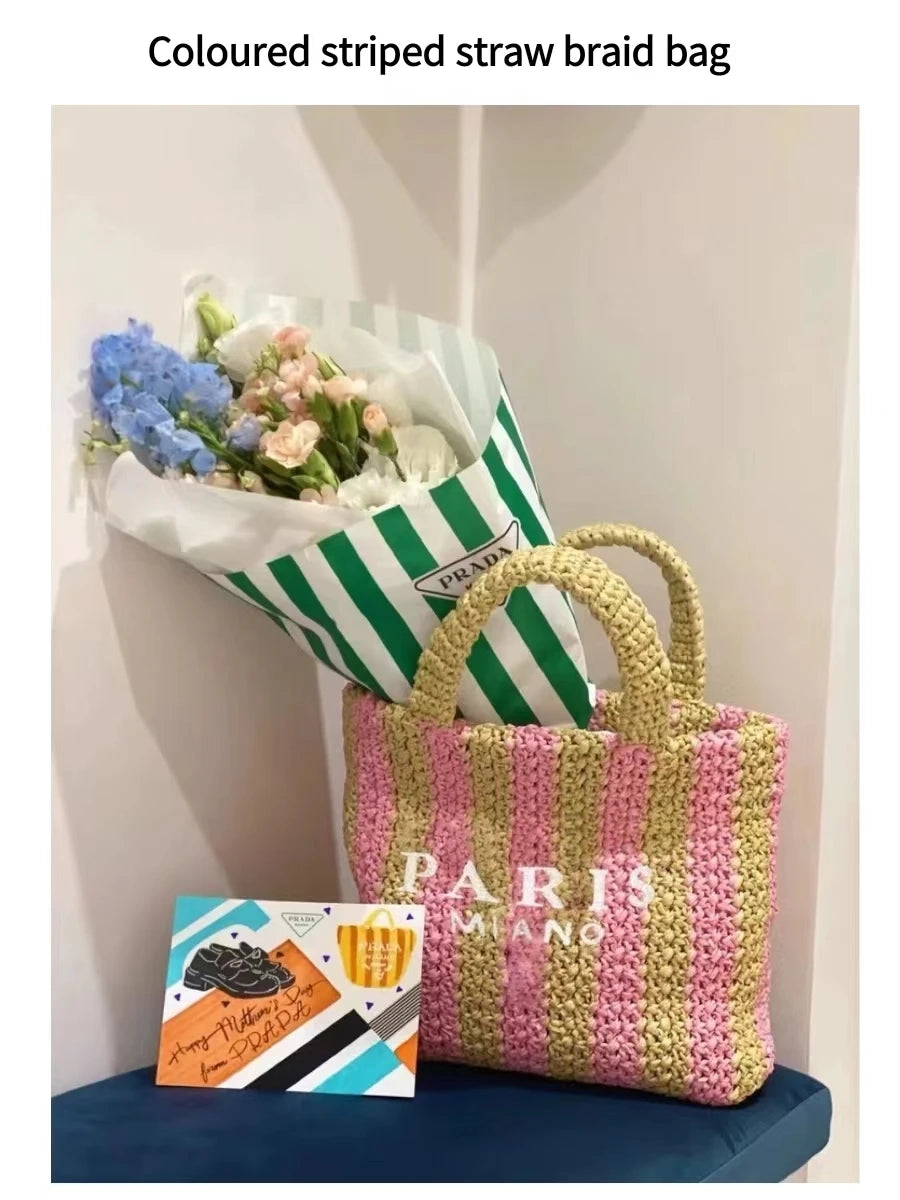 Women's Summer Beach Straw Style Tote Bag Handwoven Large Capacity Luxury Designer Travel Handbags Casual Portable Shoulder Bags