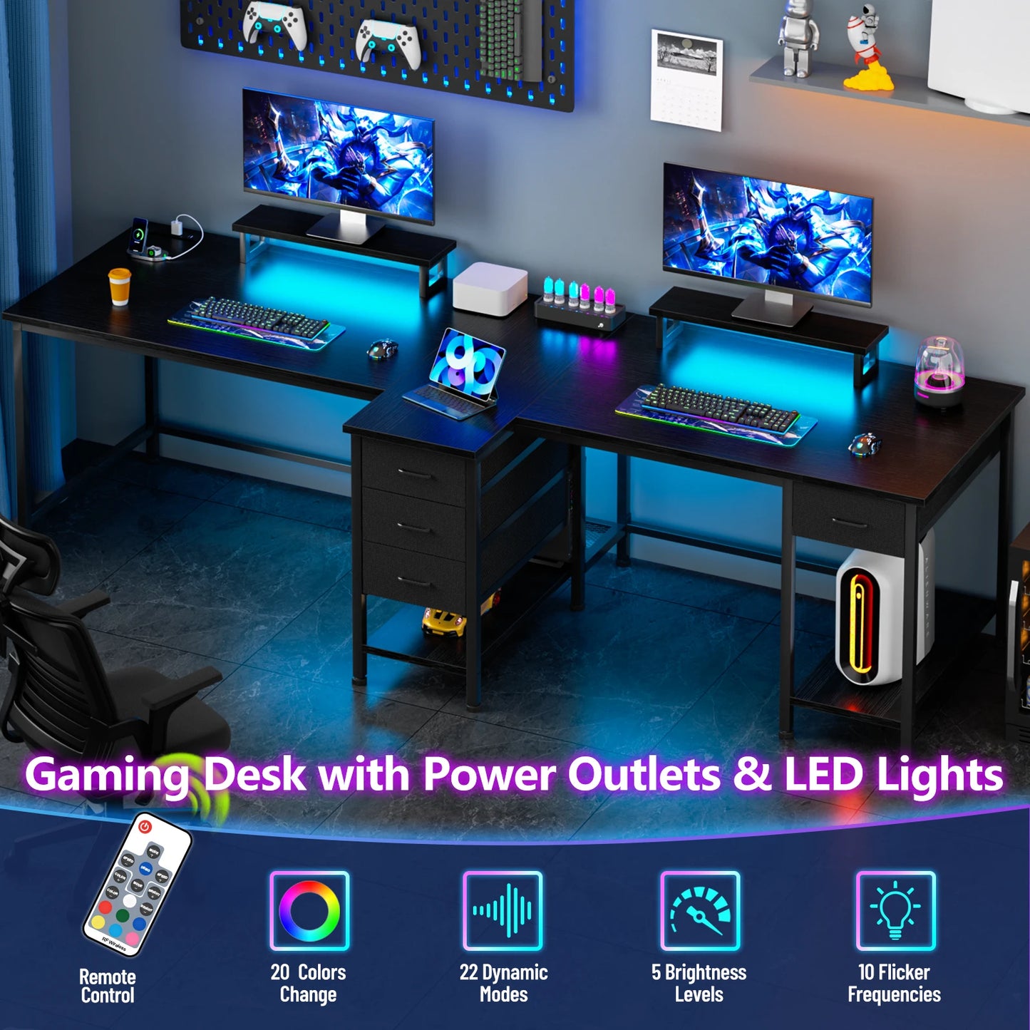 Satifur 93 inch 2-person Office Desk with Power Sockets and LED Lights,61in Computer Desk,Home Work Desk,Monitor Stands, Drawers