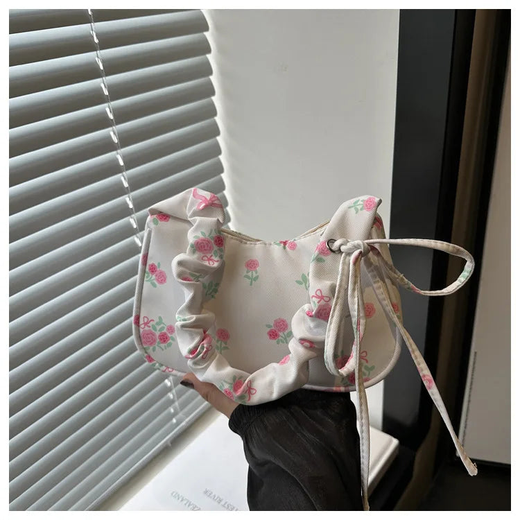 Women's Underarm Bag Summer Canvas Pleated Handlebags Armpit Purse FloralBow Printed Zipper Tote Handbag Female Y2k Shoulder Bag