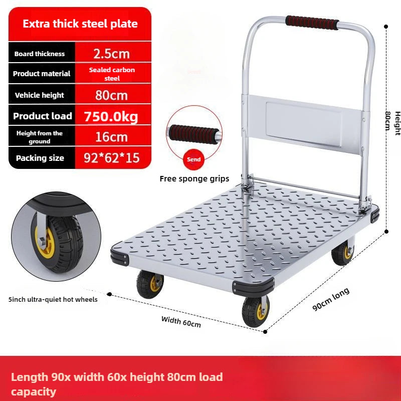 Steel plate trolley, four-wheel  truck, express pulling flatbed cart, small cart folding trailer, pushing and pulling trolley