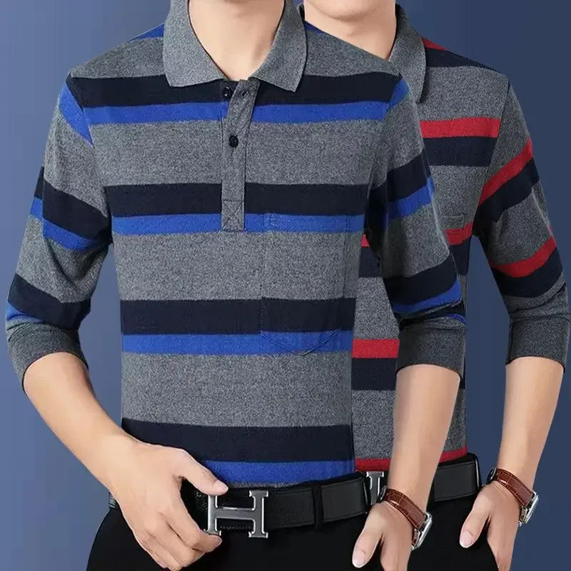 Men’s Striped Polo Shirt – Long Sleeve Cotton Casual