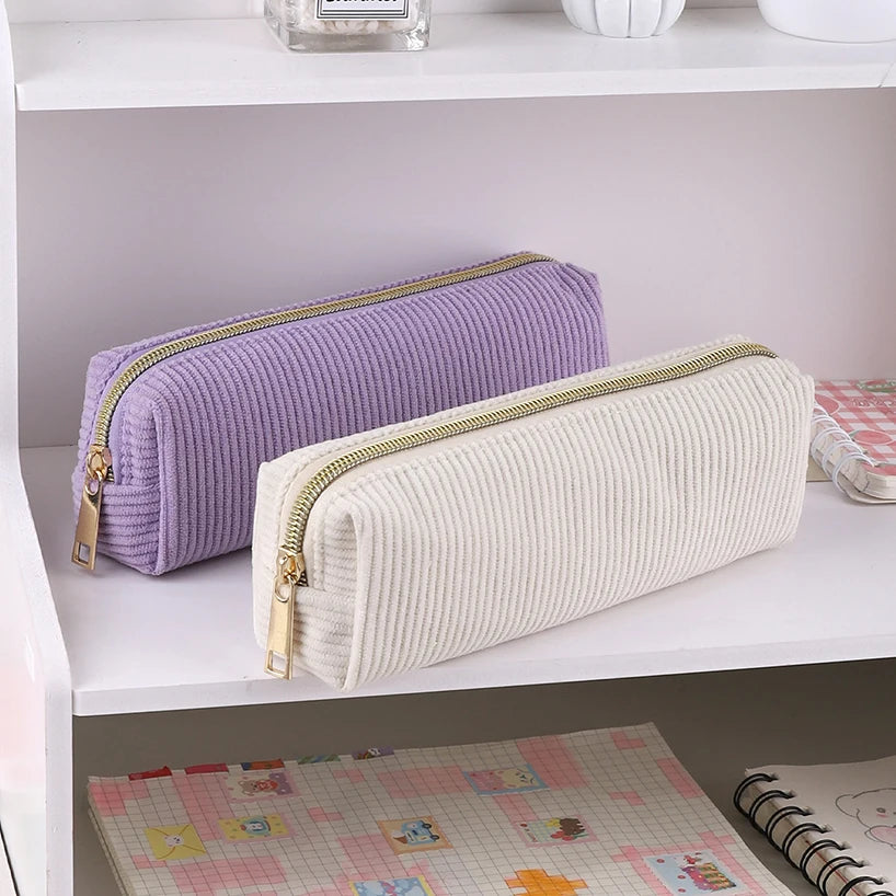 Solid Color Pencil Case Estuche Escolar Pencils Cases Trousse Corduroy Pen Case Stationery Simple School Supplies Pencil Pouch