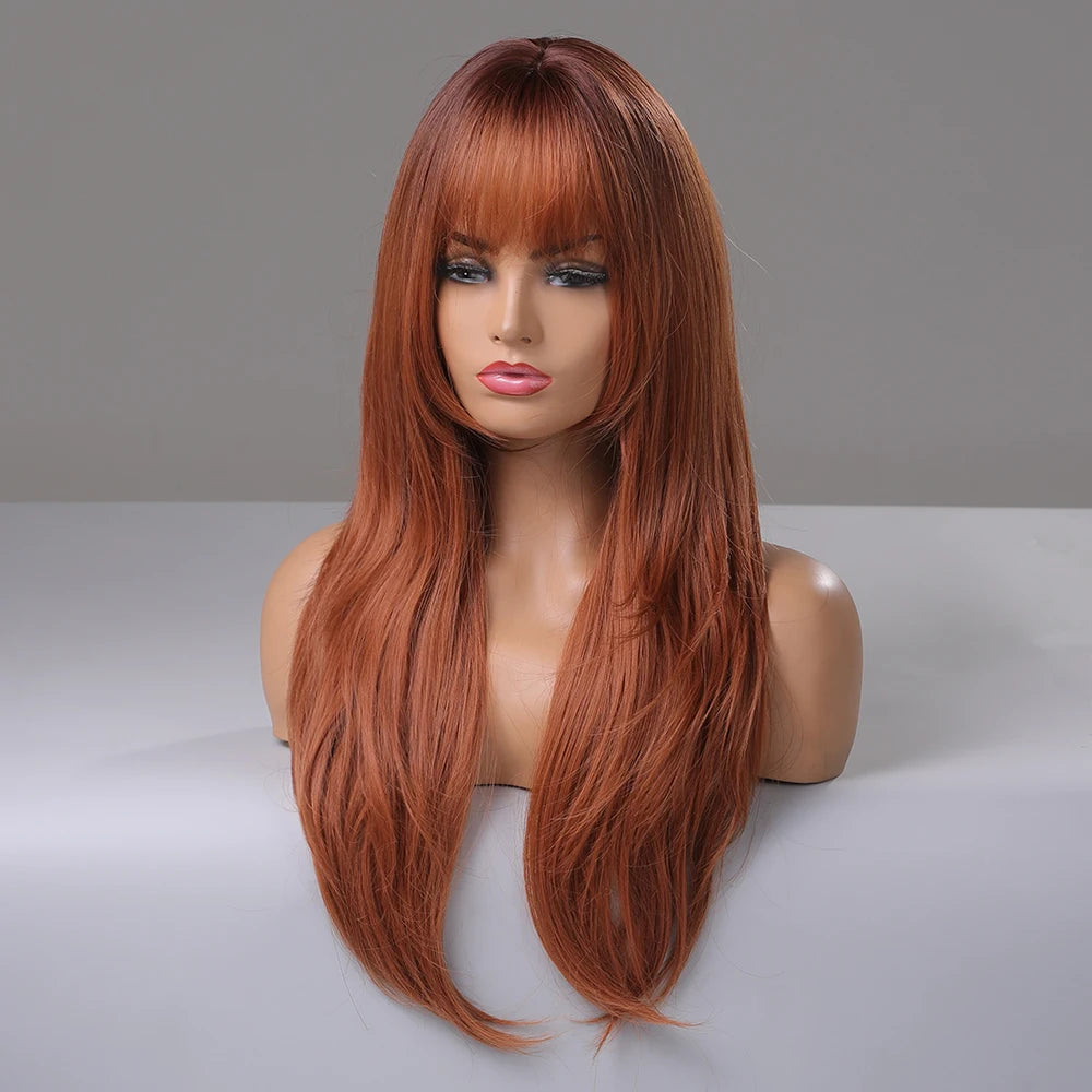 Reddish Brown Straight Layered Synthetic wig with Bangs Long hair Copper Ginger Wig for Women Daily Use Heat Resistant Wigs