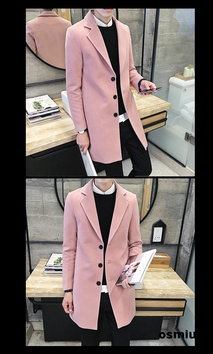Men’s Woolen Long Coat – Slim Fit Korean Vintage Overcoat