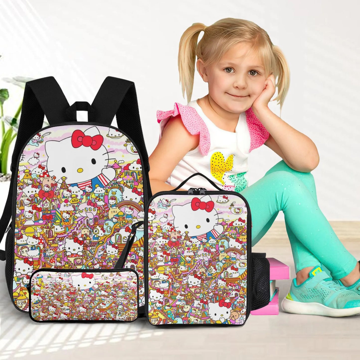 School Bag Printed Book Bag School Bags Boys 17 Inch Pencil Case School Backpack Lunch Bag Hello Kitty Sanrio