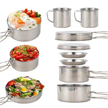 8PCS Camping Cookware Mess Kit Stainless Steel Pots