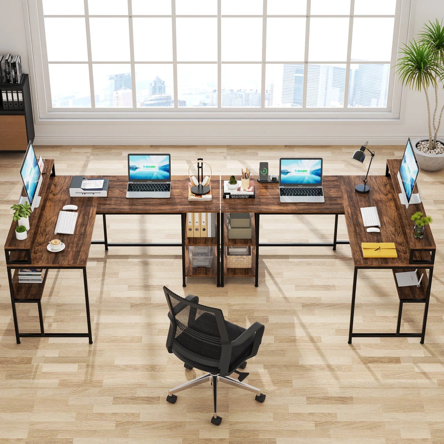 Tribesigns 59 Inch L Shaped Desk with Monitor Stand, Reversible Corner Computer Desk with Storage Shelves Rustic Brown