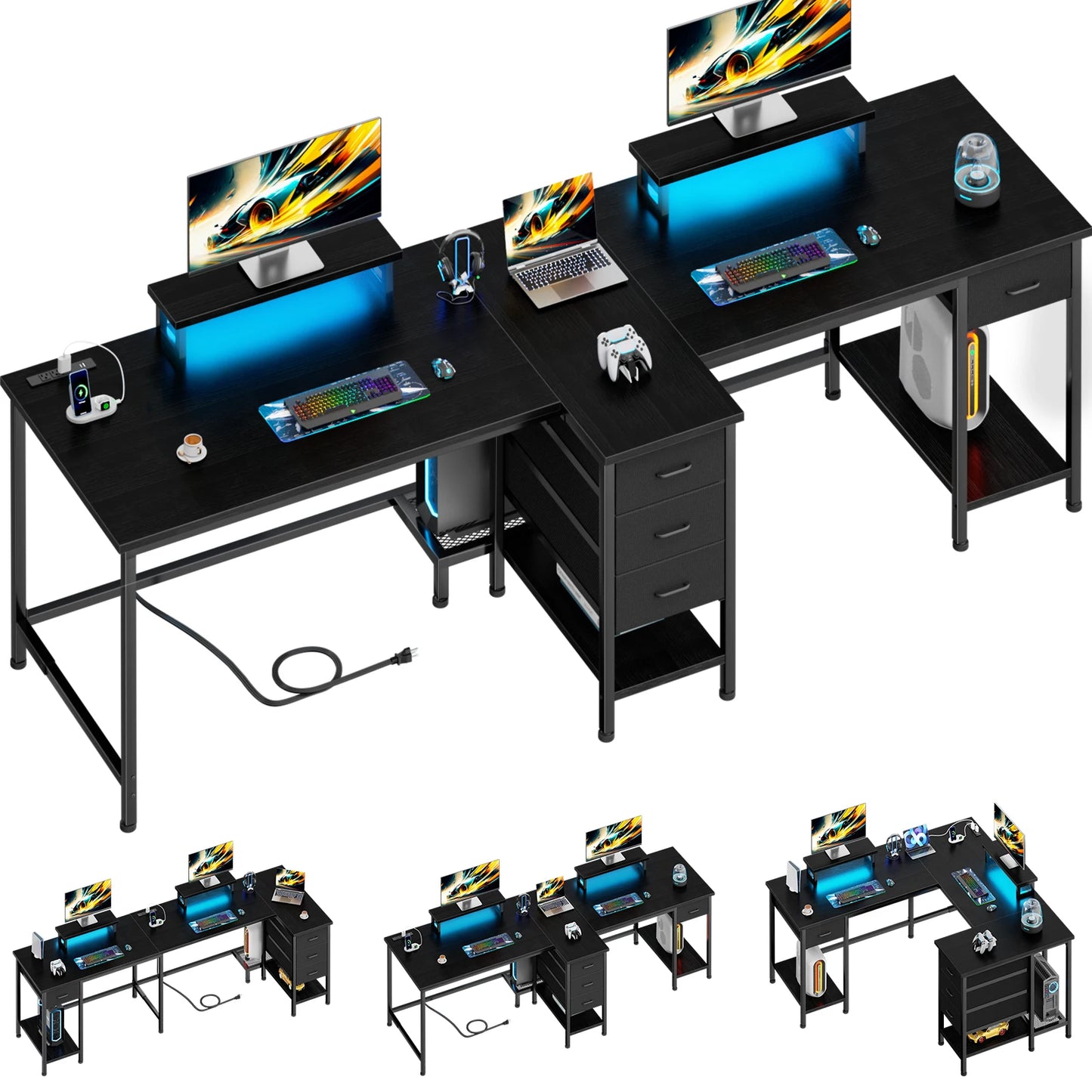 Satifur 93 inch 2-person Office Desk with Power Sockets and LED Lights,61in Computer Desk,Home Work Desk,Monitor Stands, Drawers